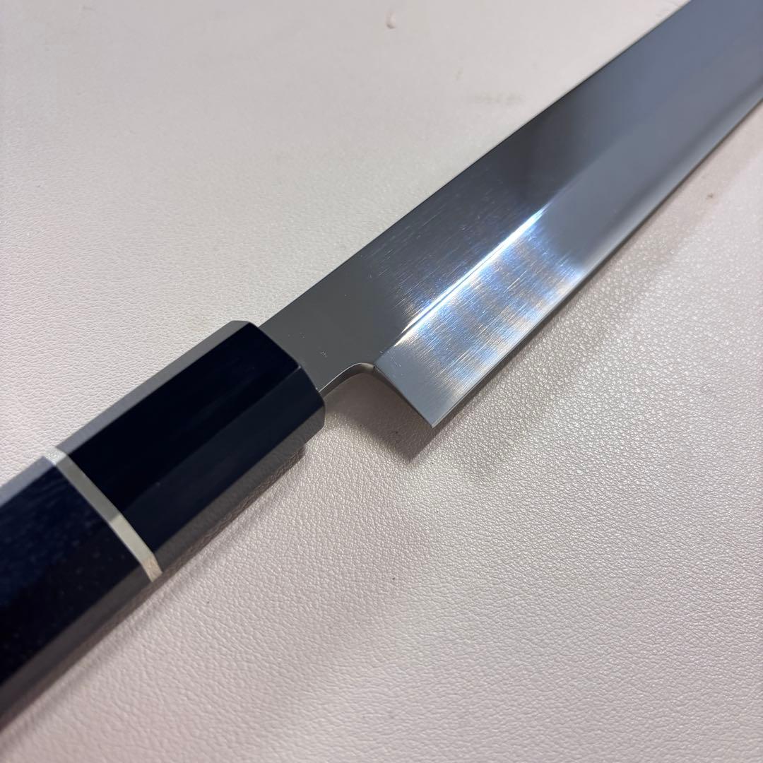 270mm先丸柳刃包丁 鏡面　黒檀黒水牛銀巻八角柄 刺身包丁 全鋼「鞘付き」，