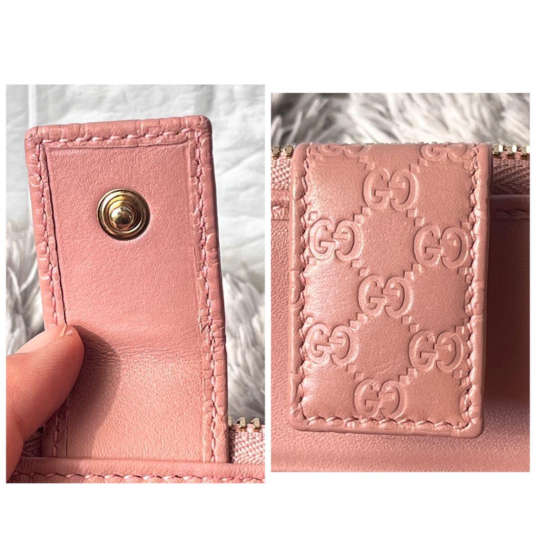 美品　人気　GUCCI ラウンドジップ　折り財布　マイクロシマ　ピンクベージュ