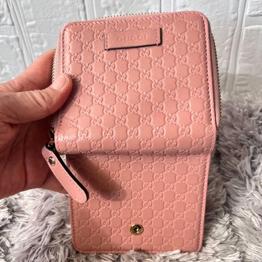 美品　人気　GUCCI ラウンドジップ　折り財布　マイクロシマ　ピンクベージュ