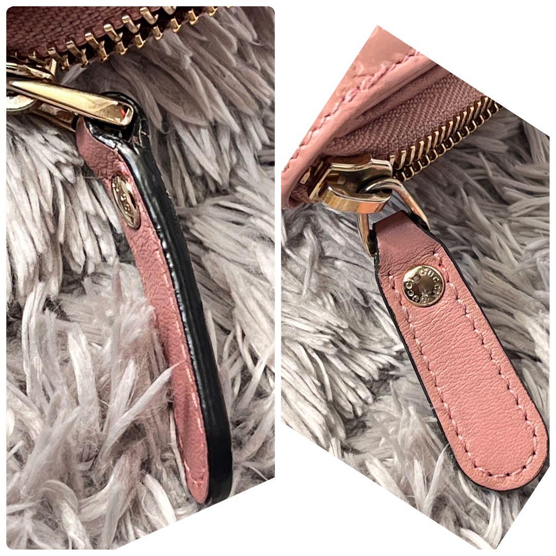 美品　人気　GUCCI ラウンドジップ　折り財布　マイクロシマ　ピンクベージュ