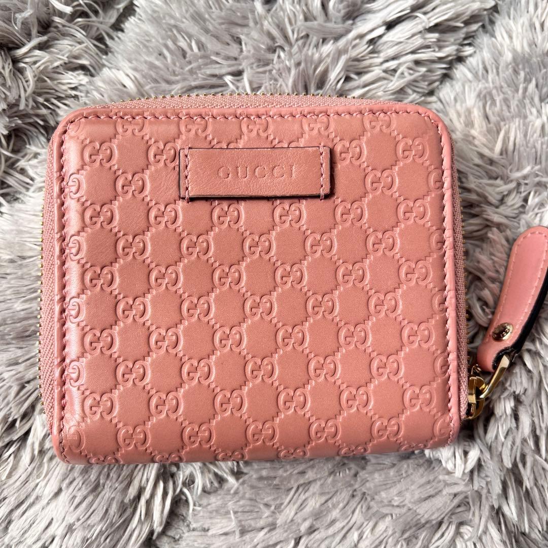 美品　人気　GUCCI ラウンドジップ　折り財布　マイクロシマ　ピンクベージュ