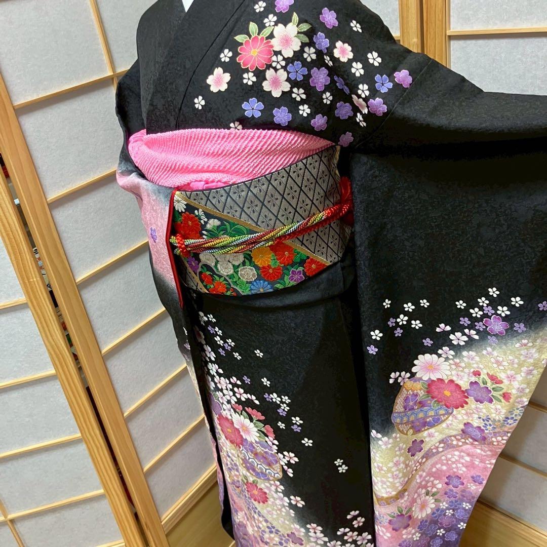 ［4375］振袖 4点セット 美品 金彩 成人式 卒業式 正絹 着物 袷 黒