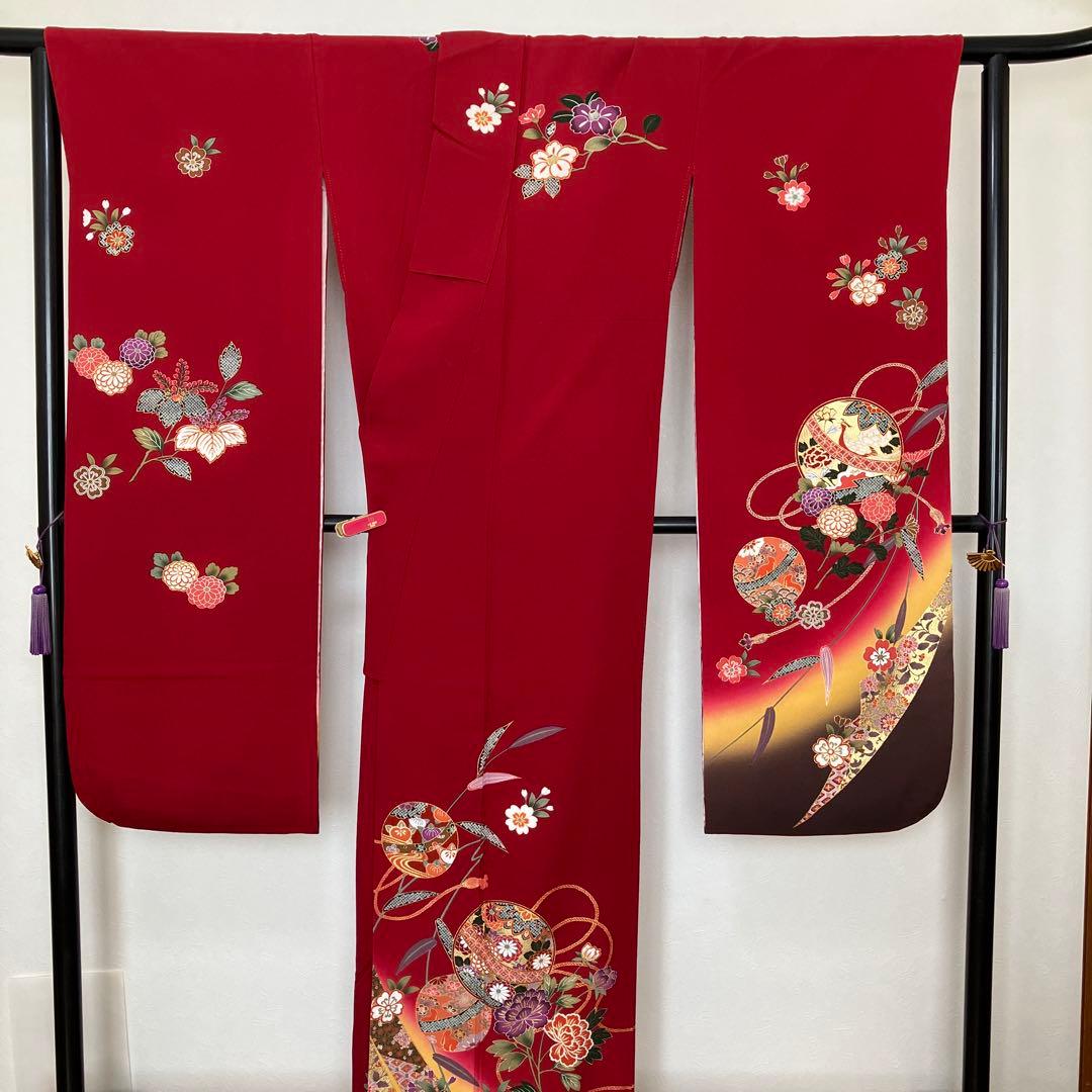 赤い振袖 花柄　トールサイズ　身丈174cm 裄丈70cm ガード加工　特ラ