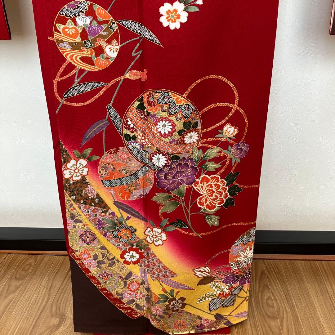 赤い振袖 花柄　トールサイズ　身丈174cm 裄丈70cm ガード加工　特ラ