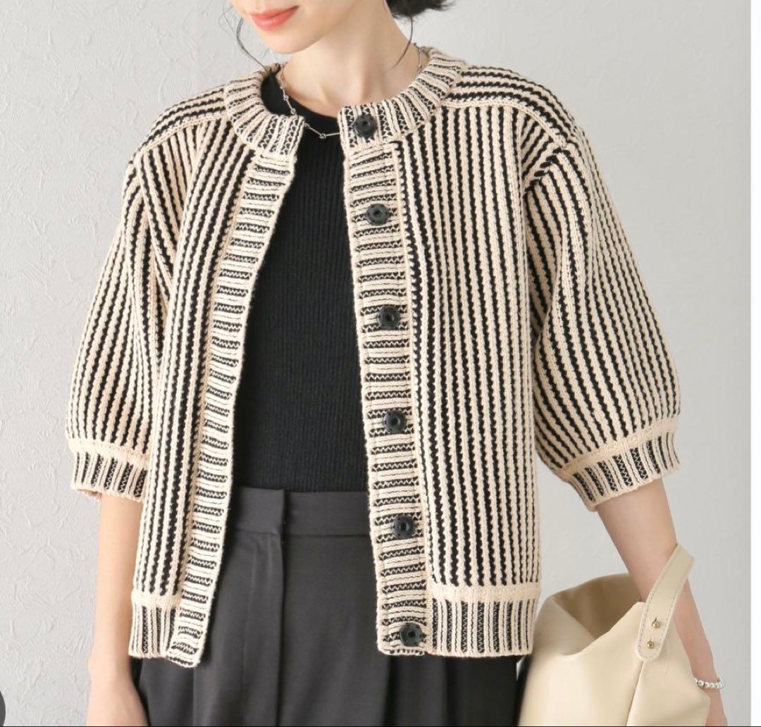 トップス CLANE STRIPE CABLE HALF SLEEVE CARDIGAN