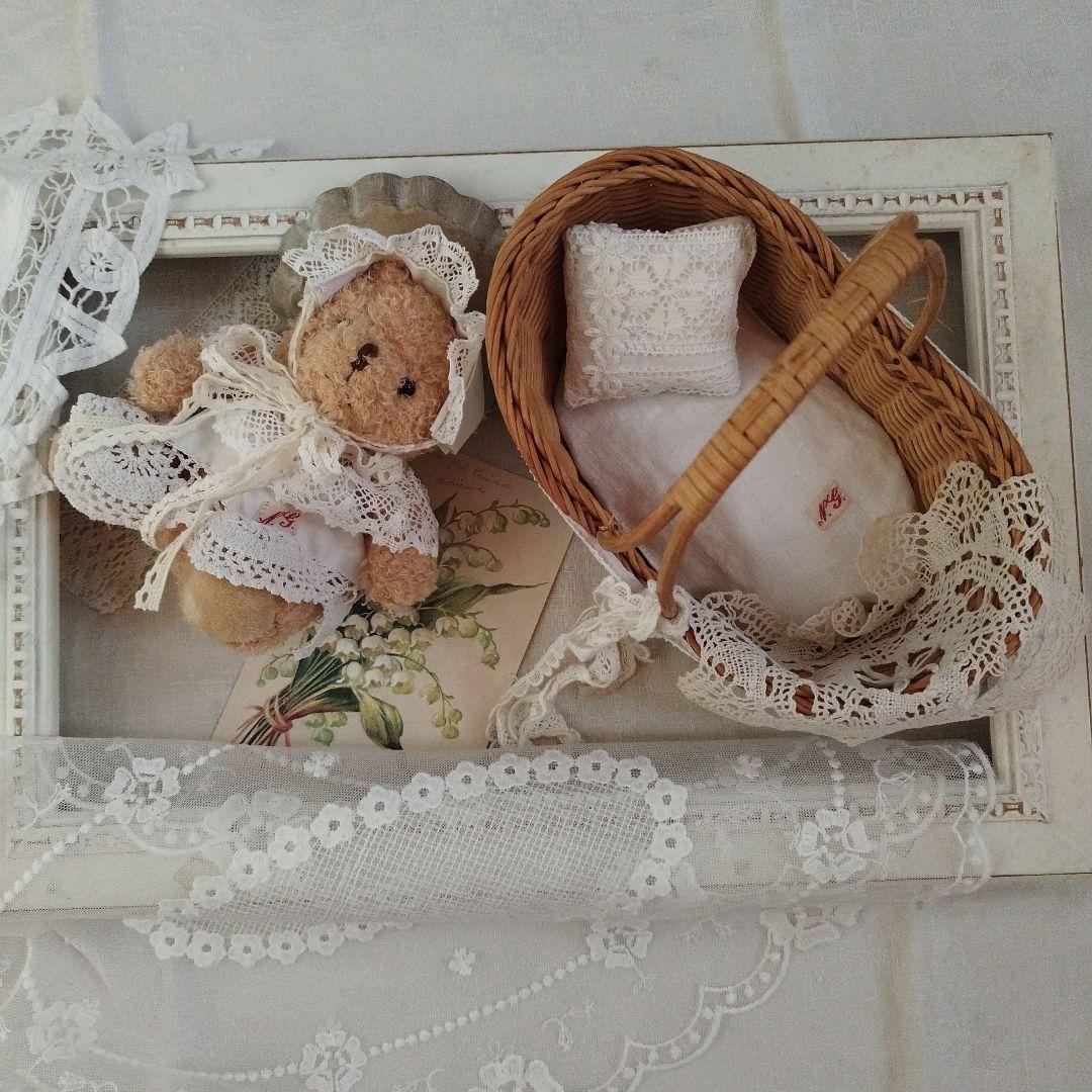 フランスアンティークリネン*くま&カゴベッドセット*テディベア*ハンドメイド