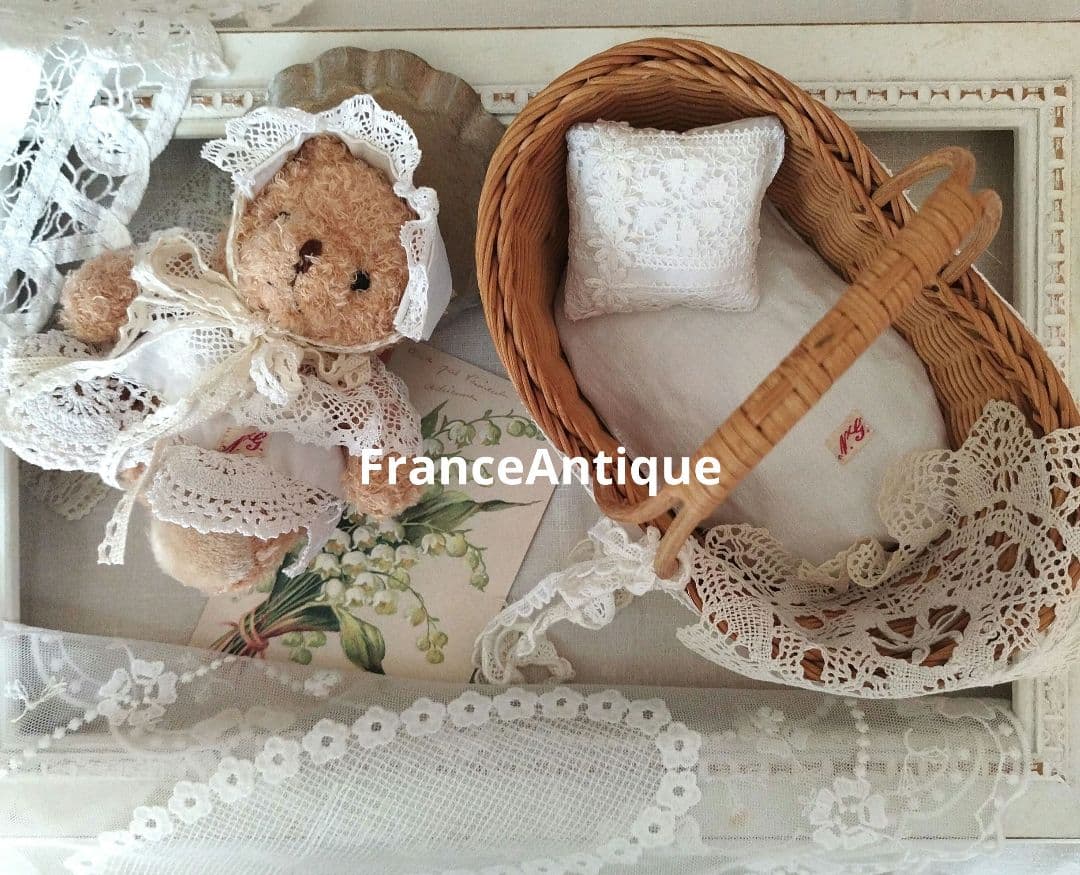 フランスアンティークリネン*くま&カゴベッドセット*テディベア*ハンドメイド