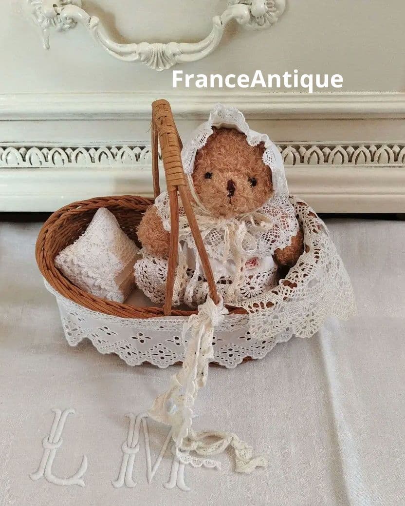 フランスアンティークリネン*くま&カゴベッドセット*テディベア*ハンドメイド