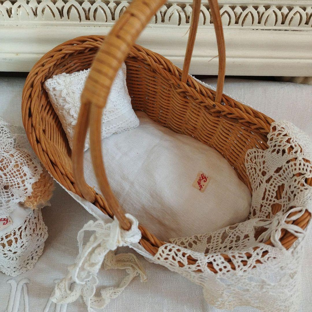 フランスアンティークリネン*くま&カゴベッドセット*テディベア*ハンドメイド