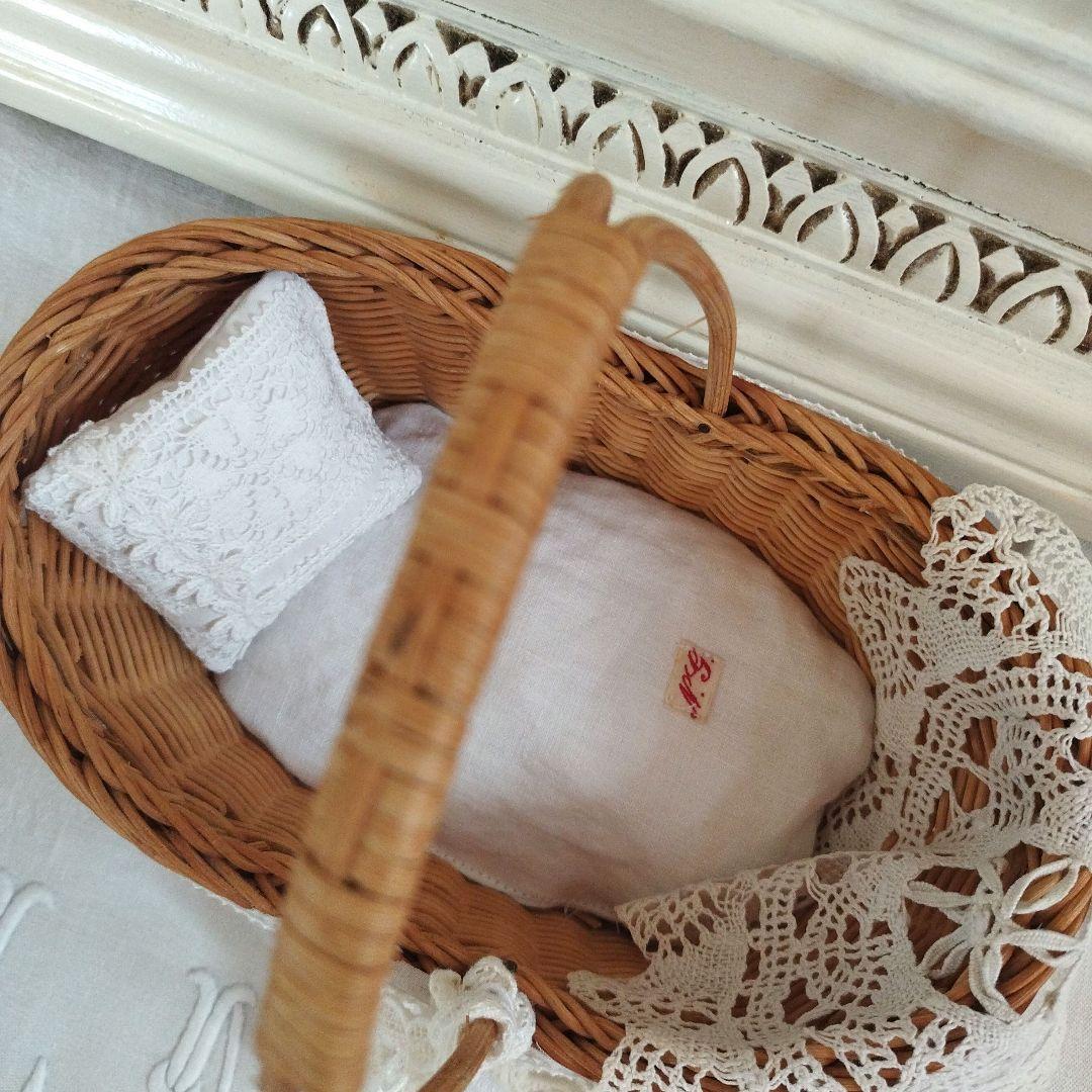 フランスアンティークリネン*くま&カゴベッドセット*テディベア*ハンドメイド