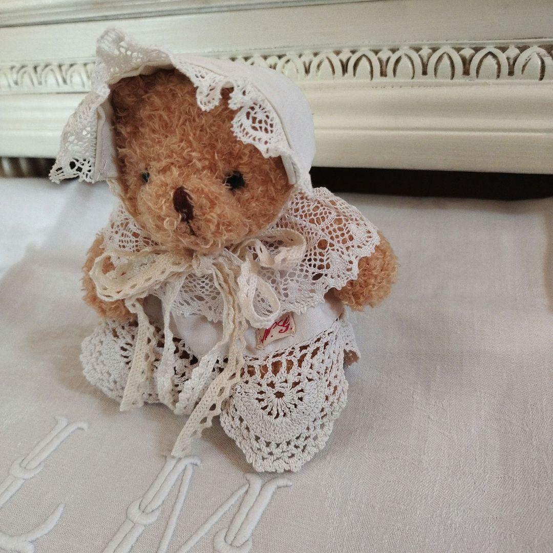 フランスアンティークリネン*くま&カゴベッドセット*テディベア*ハンドメイド