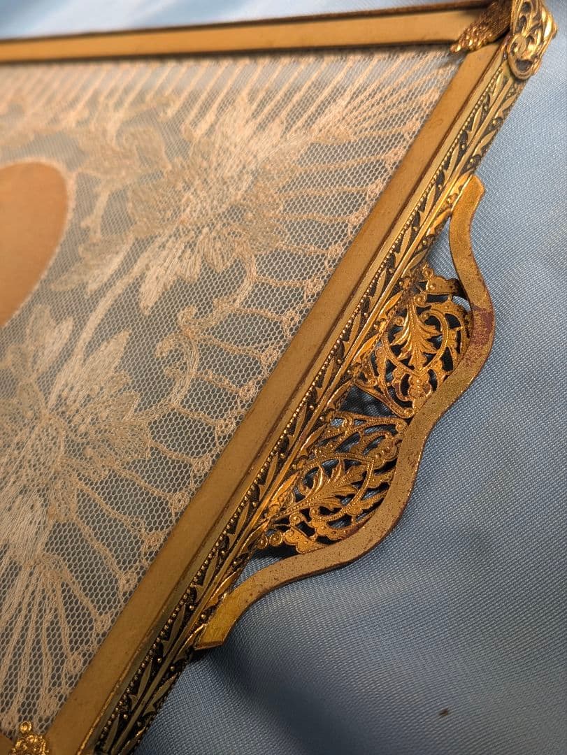 英国 アンティーク レース プチポアン 刺繍 ドレッシングトレイ