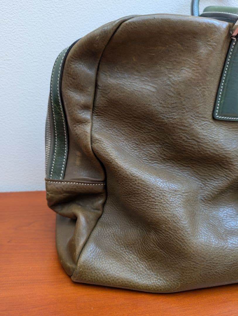 万双　ダークグリーン レザー ボストンバッグ