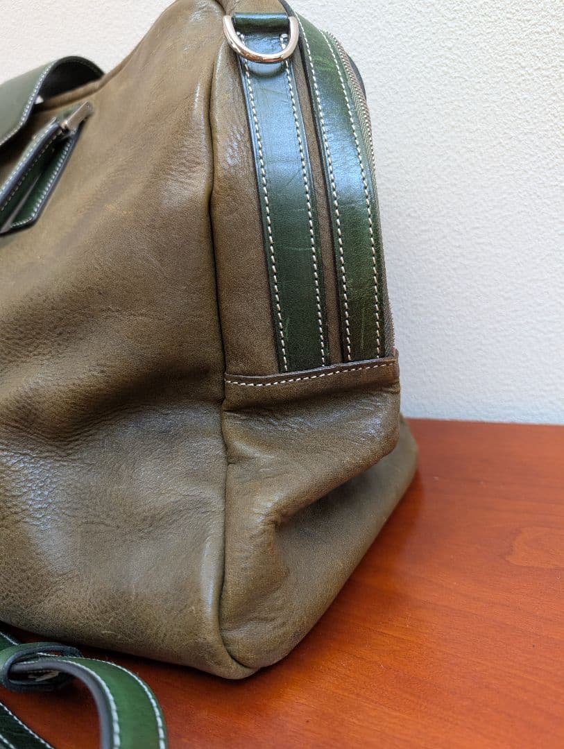 万双　ダークグリーン レザー ボストンバッグ