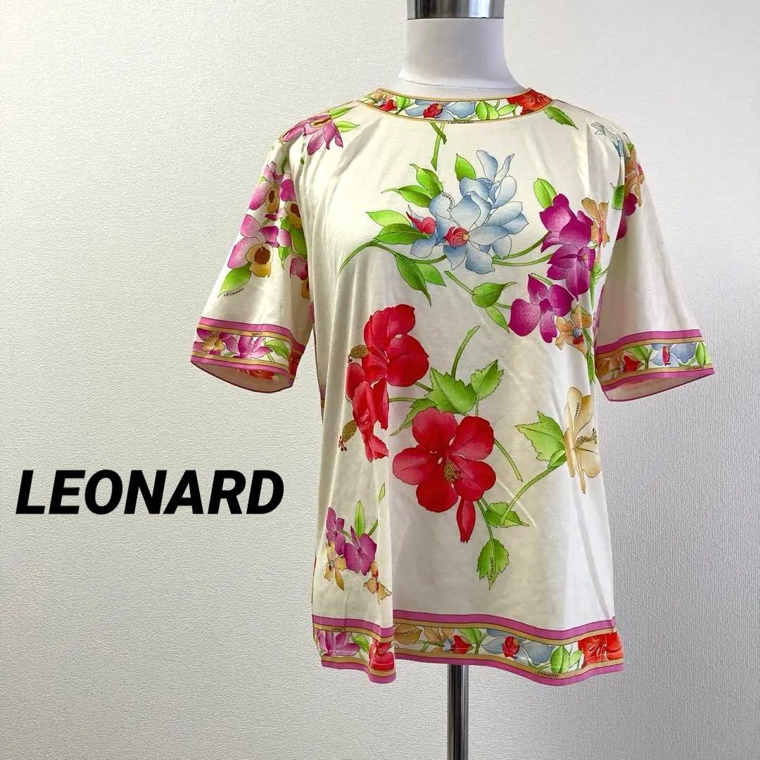 美品　レオナール LEONARD 花柄　カットソー　半袖Tシャツ　ホワイト