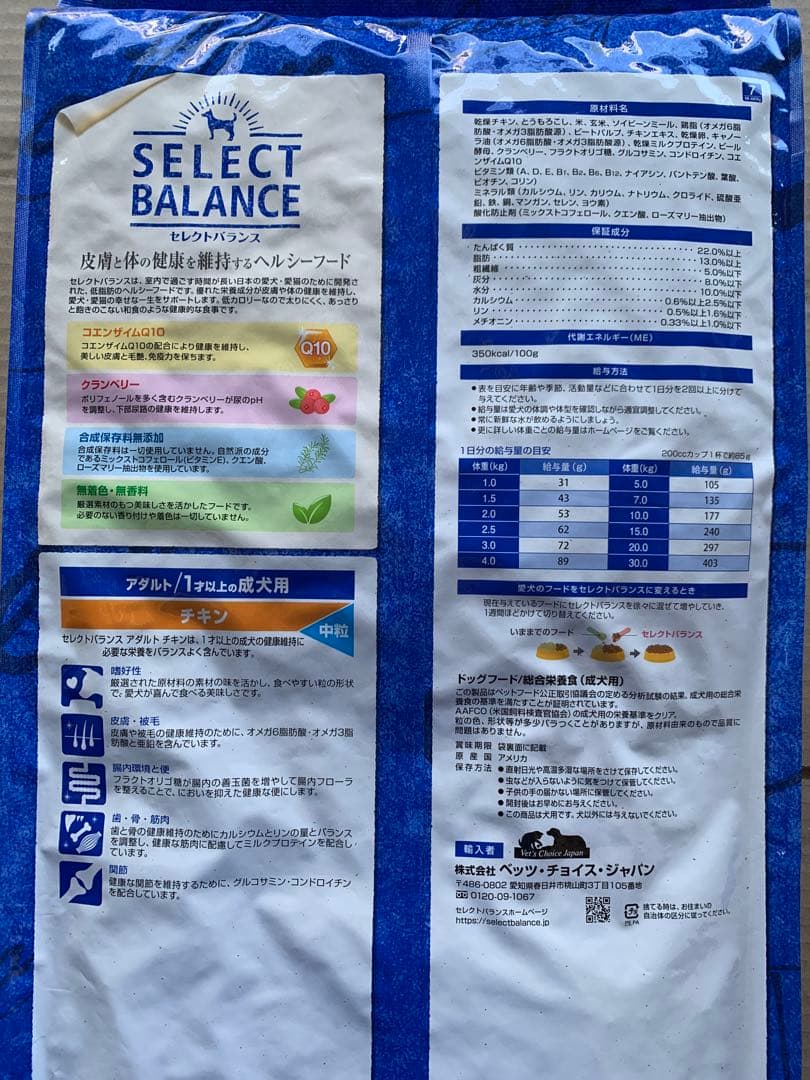 セレクトバランス アダルト　成犬用 チキン 中粒　7kg
