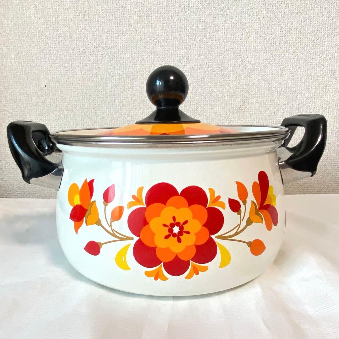 【未使用】マルビシ フィオーレ ホーロー両手鍋 20cm 花柄 昭和レトロ 箱入