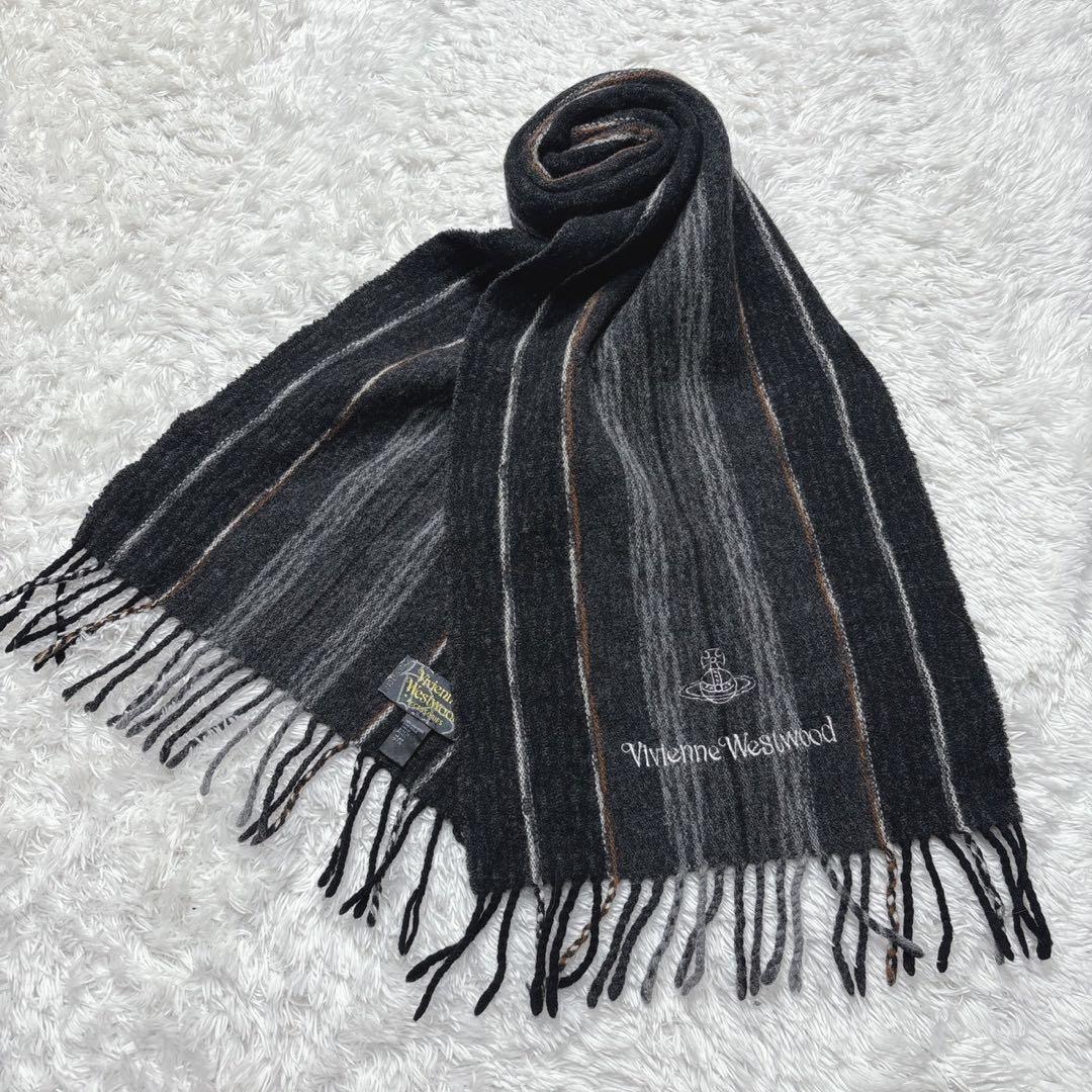 美品 Vivienne Westwood ウールマフラー オーブ刺繍 ストライプ