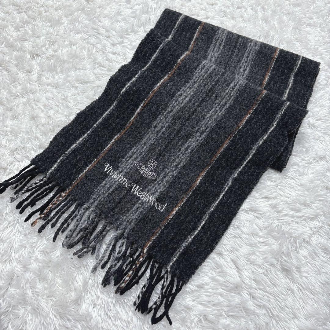美品 Vivienne Westwood ウールマフラー オーブ刺繍 ストライプ