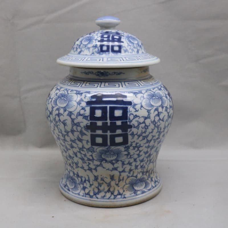 清康煕藍地青花纏枝喜字氷梅紋将軍缶 景徳鎮 陶磁器 装飾品 工芸品美術品 置物
