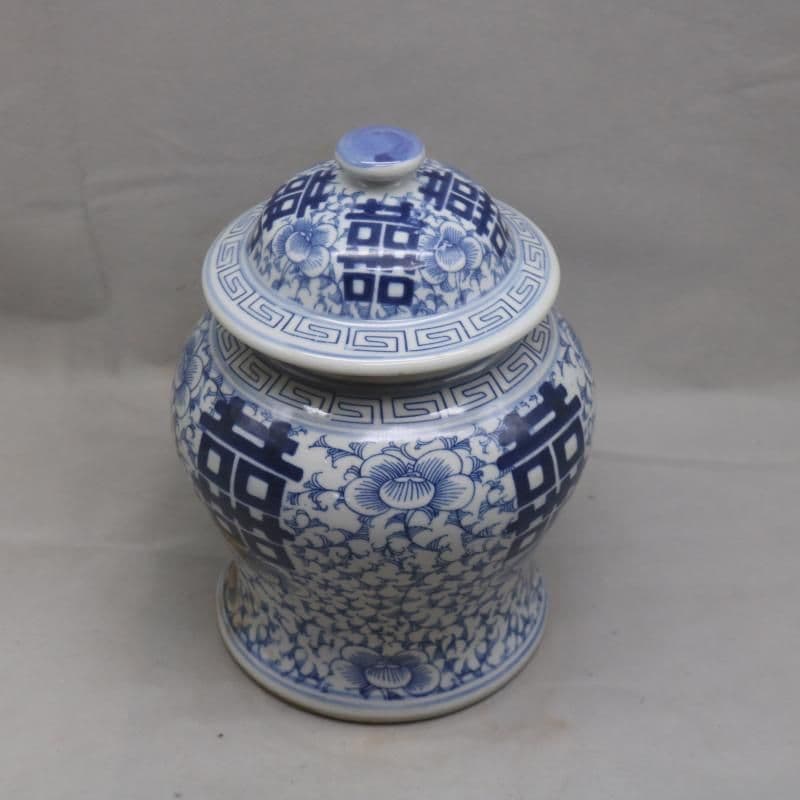 清康煕藍地青花纏枝喜字氷梅紋将軍缶 景徳鎮 陶磁器 装飾品 工芸品美術品 置物