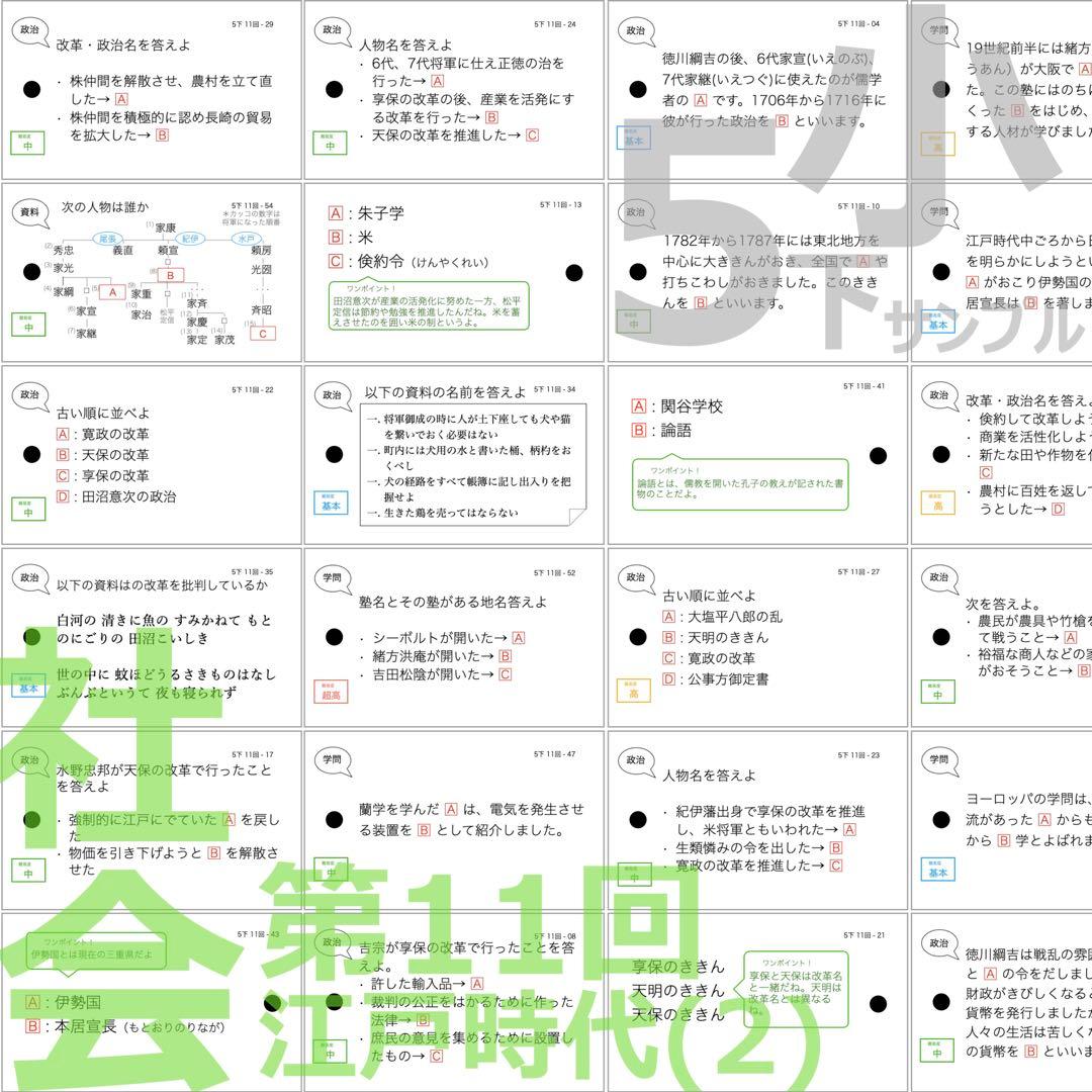 中学受験　暗記カード【5年下 セット 社会 歴史11-18回】予シリ 組分け対策