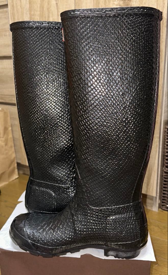 美品✨ HUNTER EU37 ロング レイン ブーツ ブラック クロコ 型押し