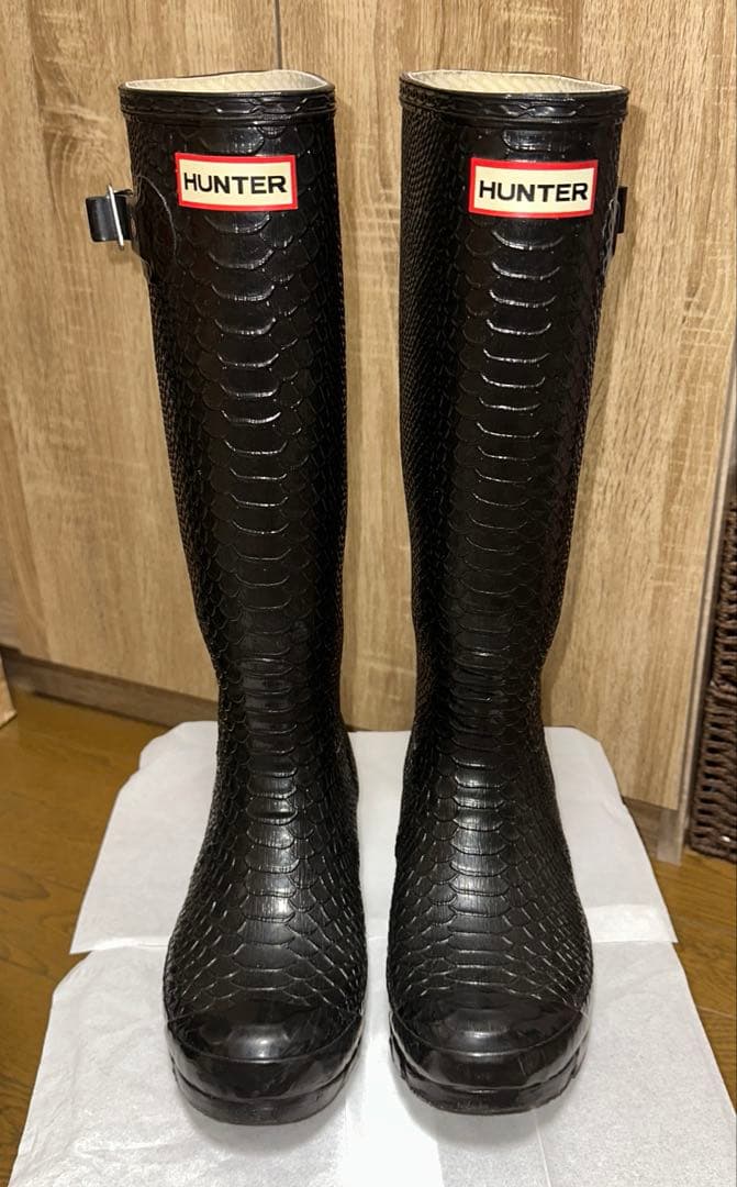 美品✨ HUNTER EU37 ロング レイン ブーツ ブラック クロコ 型押し