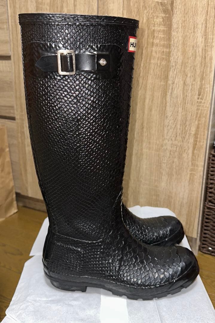 美品✨ HUNTER EU37 ロング レイン ブーツ ブラック クロコ 型押し