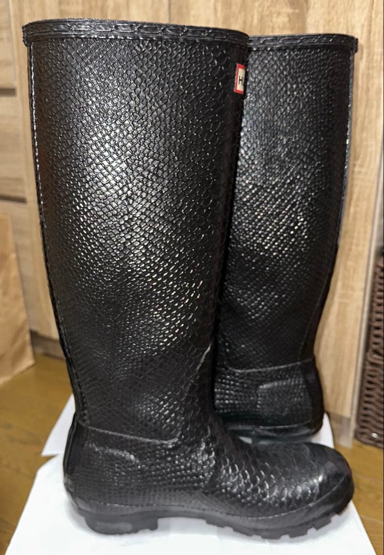 美品✨ HUNTER EU37 ロング レイン ブーツ ブラック クロコ 型押し