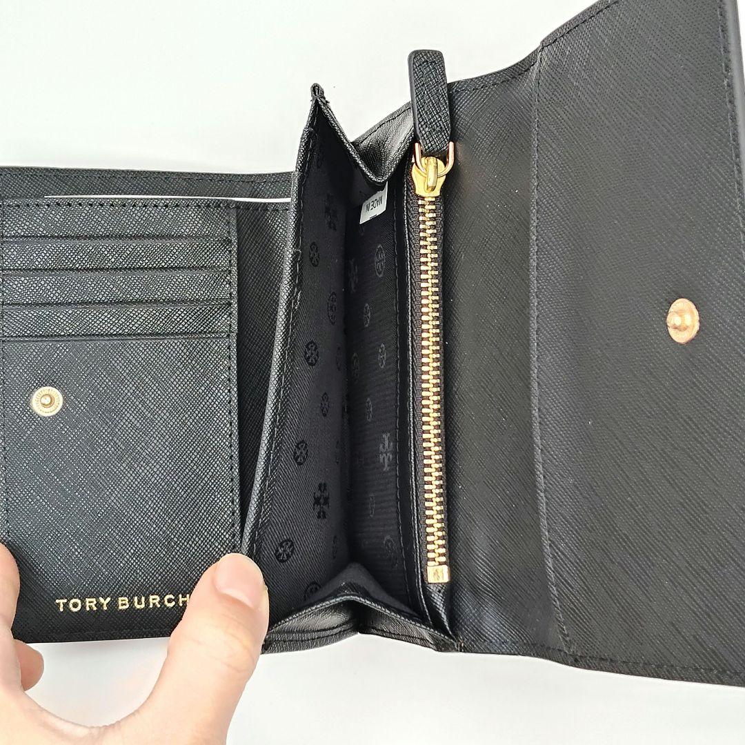 トリーバーチ 三つ折り財布 黒 金ロゴ サフィアーノ レザー 箱 袋 タグ付