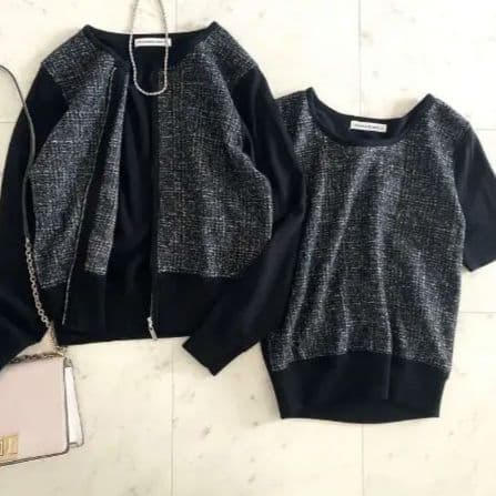 美品 エムプルミエブラック モヘヤ混ツイードライクアンサンブル ブラック 36