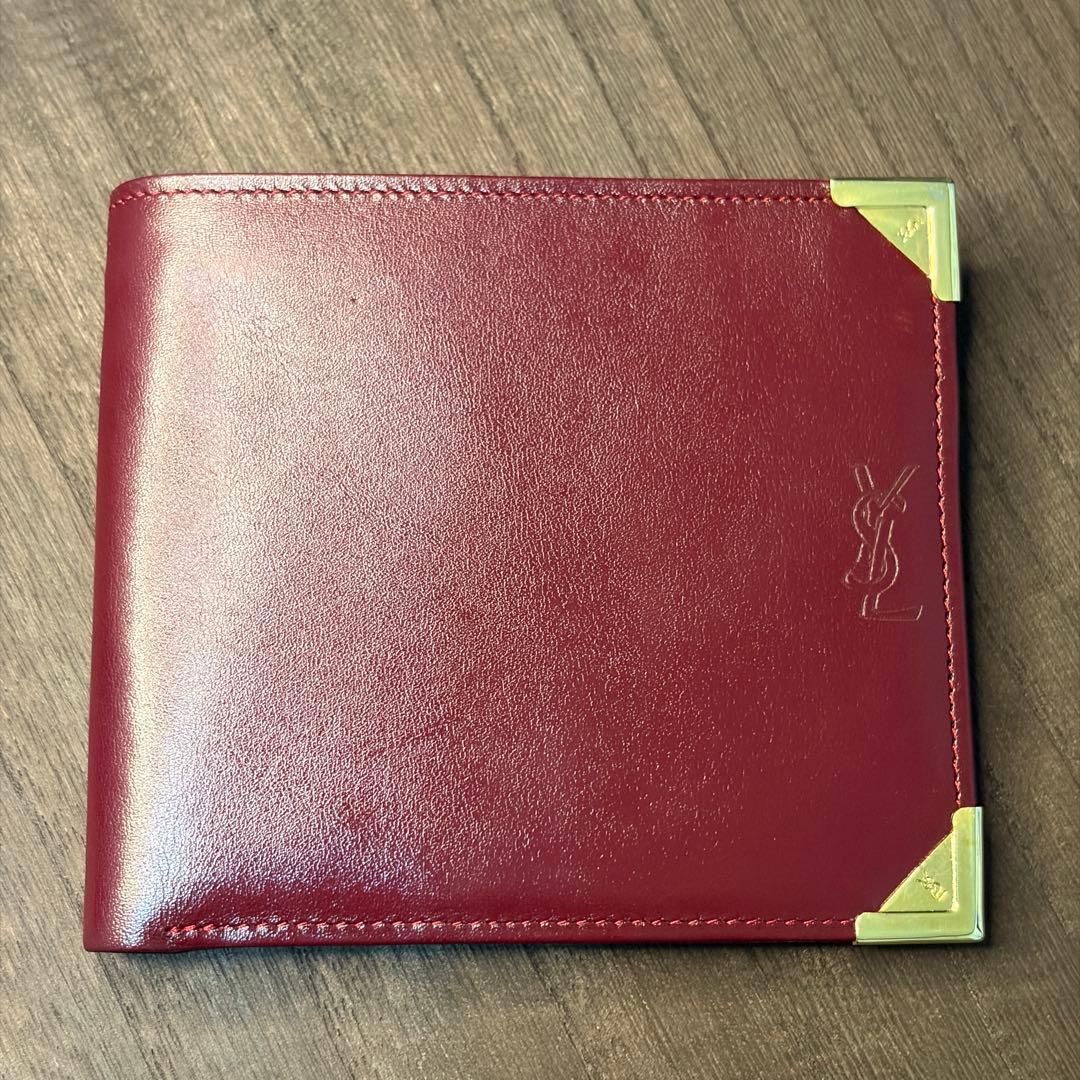 【美品】YVES SAINT LAURENT 2つ折り財布 YSLロゴ ボルドー