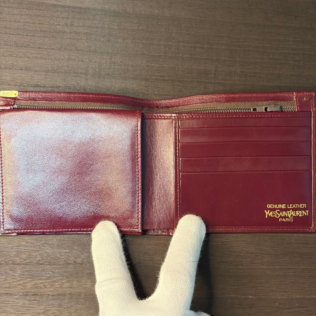 【美品】YVES SAINT LAURENT 2つ折り財布 YSLロゴ ボルドー