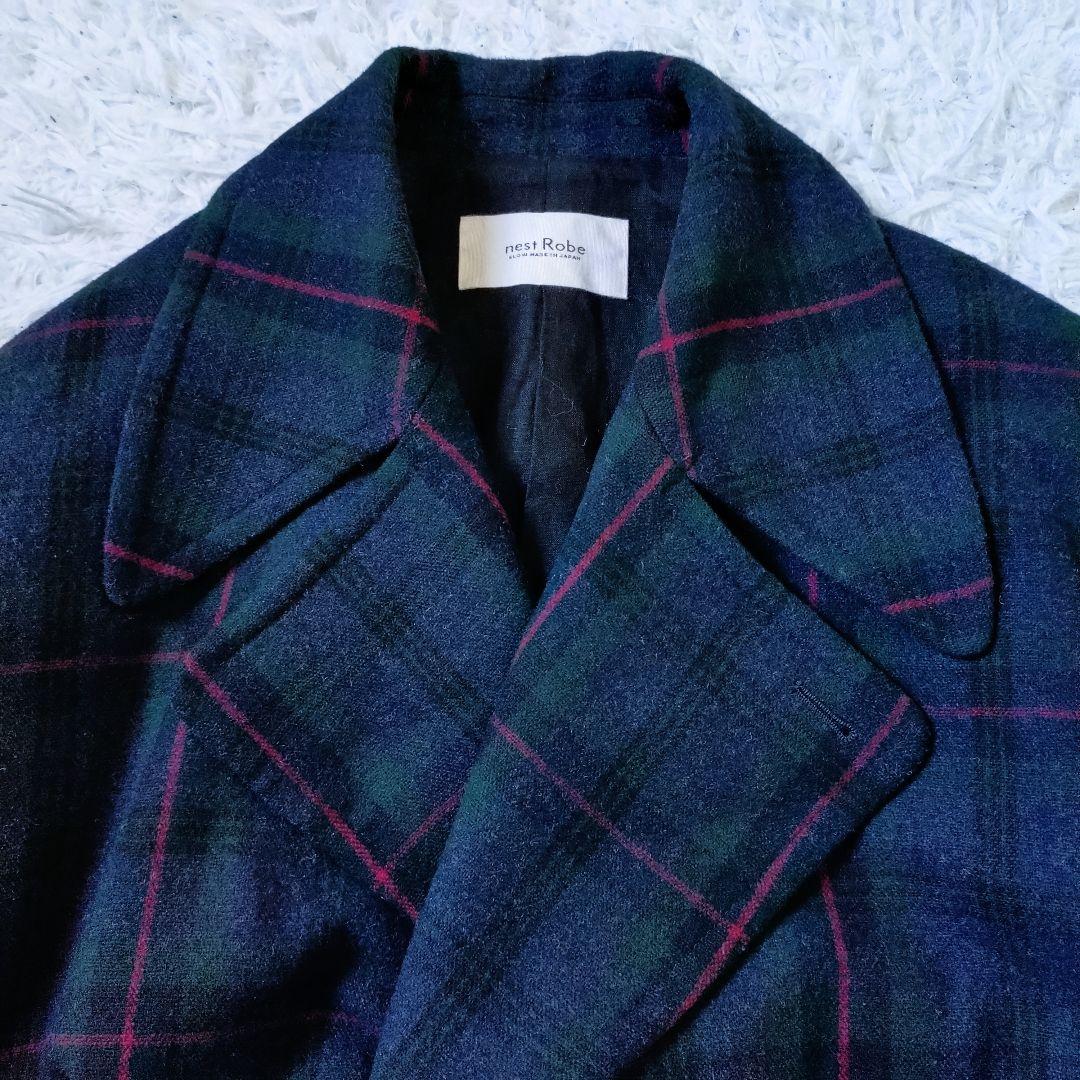 nest Robe　チェスターコート　ゆったり　Aライン　綿麻　濃紺　XL相当