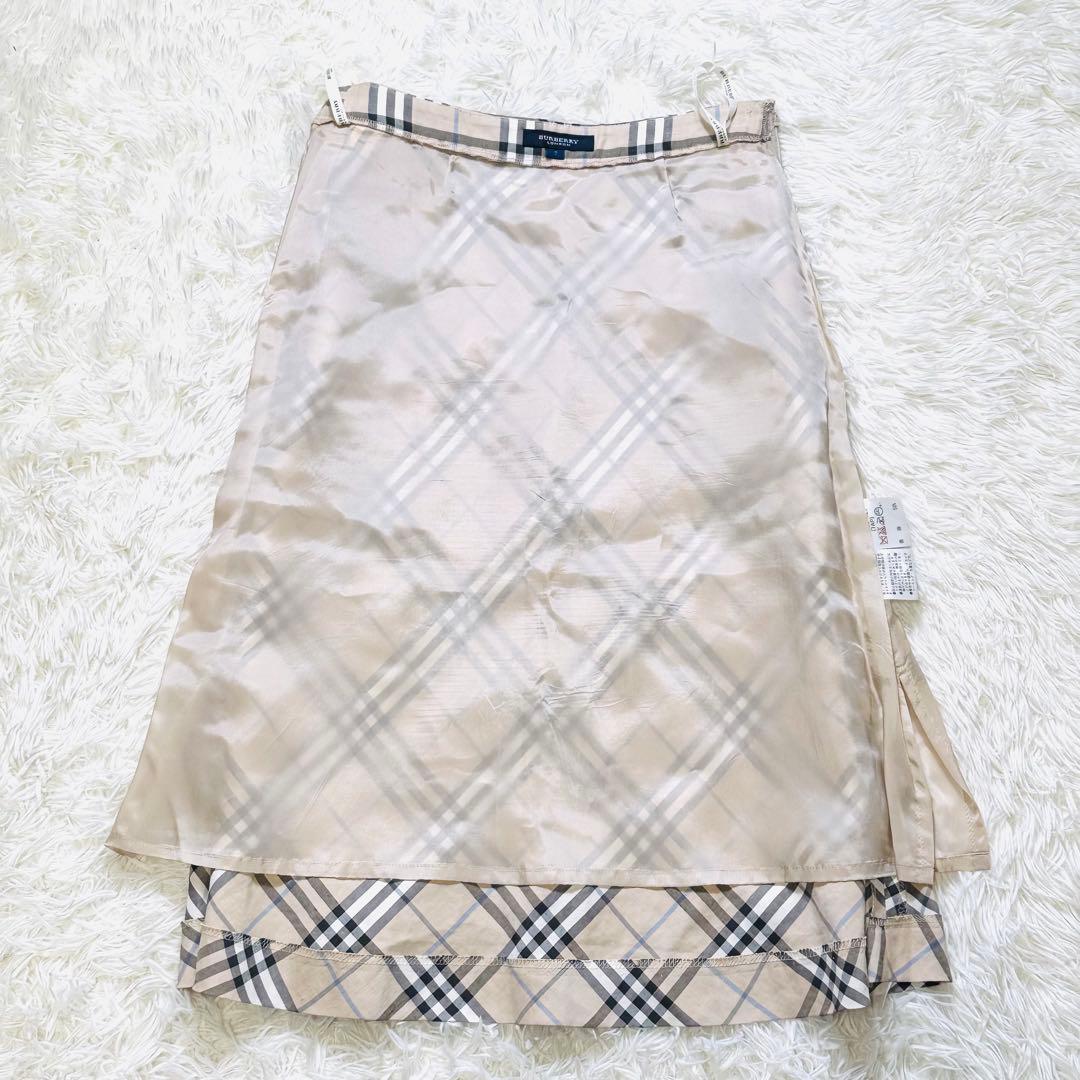 美品☆バーバリー ロンドン 麻 ノバチェック 膝丈 Aライン