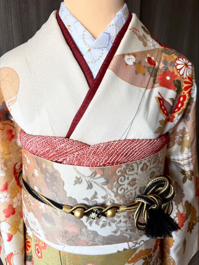 【極美品】正絹 振袖6点セット 金色の箔 白地 古典柄 フルセット可 No6/6