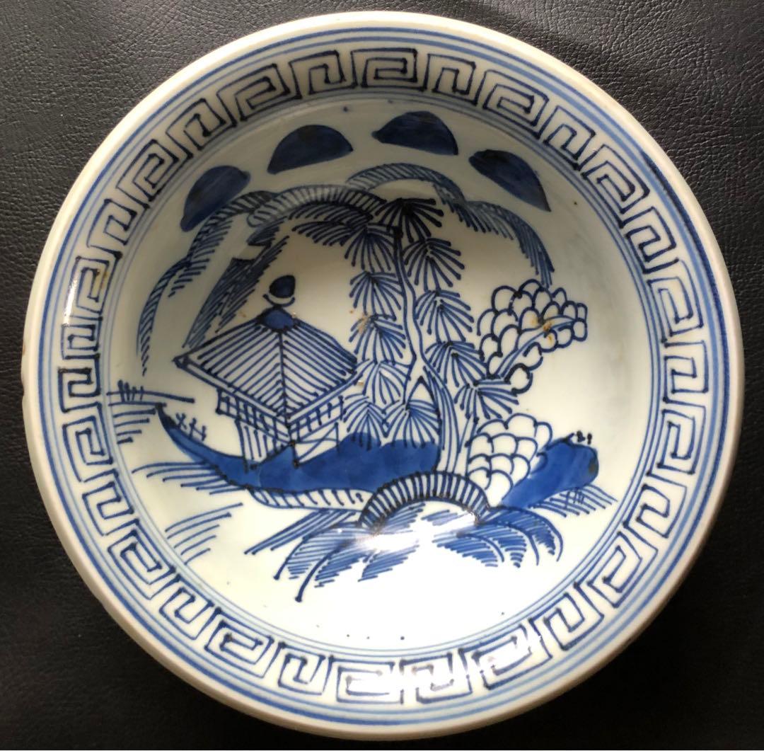 古 伊万里　柳 橋 庵 山 蝶々 蔓 草 柄 深鉢　絵付 染付　料理 盛鉢 中鉢