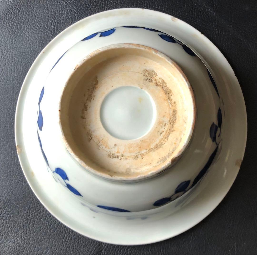 古 伊万里　柳 橋 庵 山 蝶々 蔓 草 柄 深鉢　絵付 染付　料理 盛鉢 中鉢