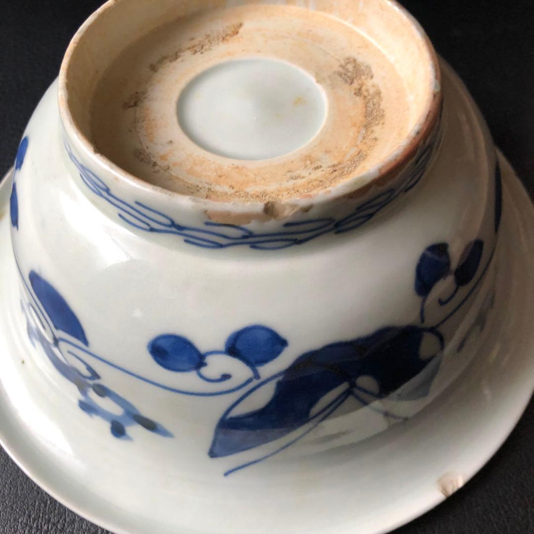 古 伊万里　柳 橋 庵 山 蝶々 蔓 草 柄 深鉢　絵付 染付　料理 盛鉢 中鉢