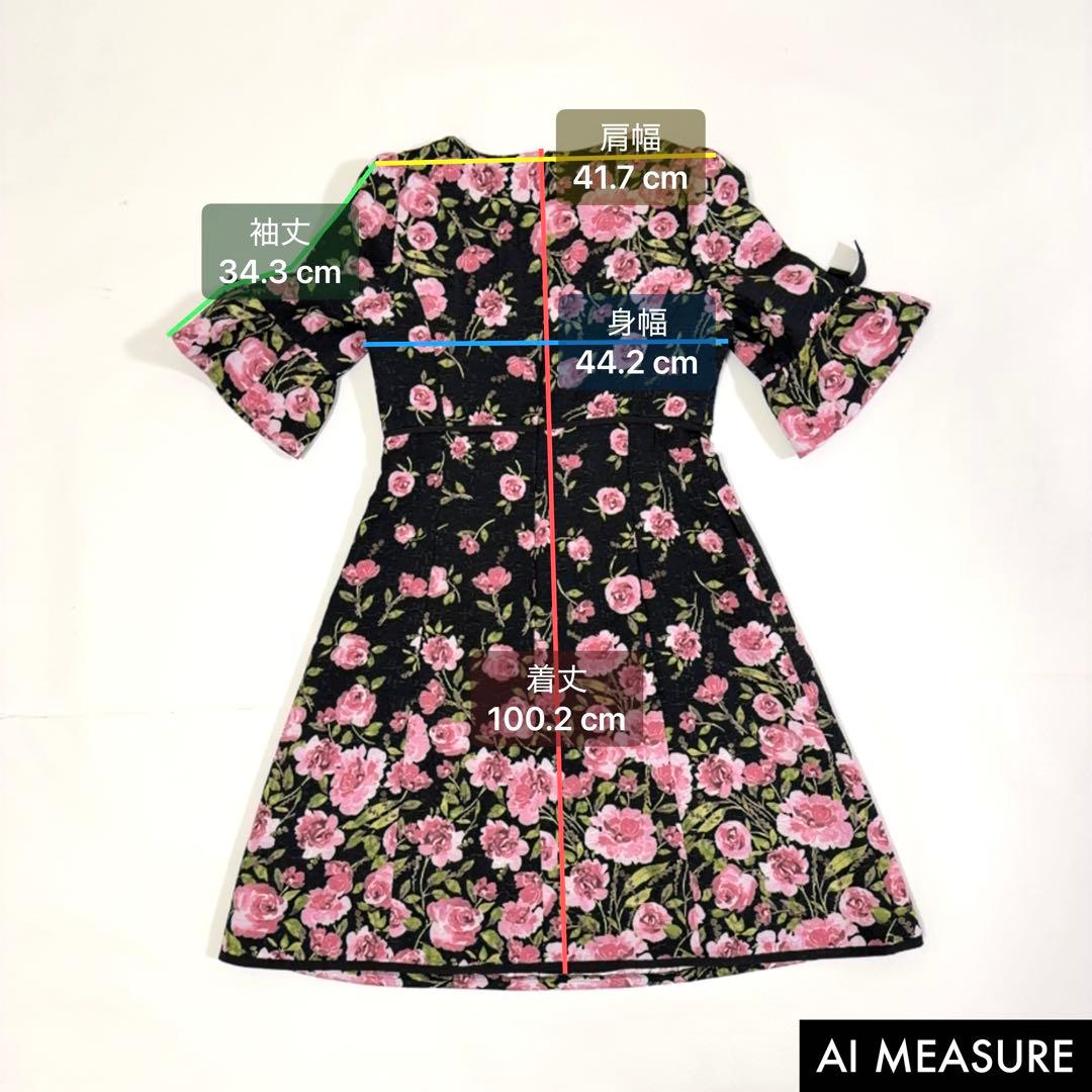 エムズグレイシー タグ付き 半袖ワンピース 花柄 バラ ブラック ピンク 42