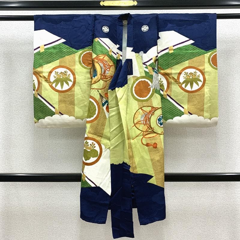 508ay65□お宮参り 男児 祝い着 着物 掛け着 龍に兜 扇 青白□美品