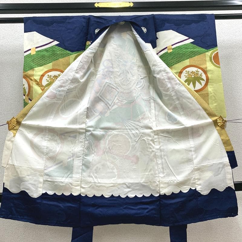 508ay65□お宮参り 男児 祝い着 着物 掛け着 龍に兜 扇 青白□美品