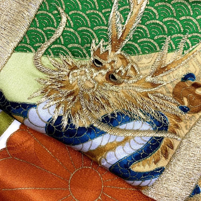 508ay65□お宮参り 男児 祝い着 着物 掛け着 龍に兜 扇 青白□美品