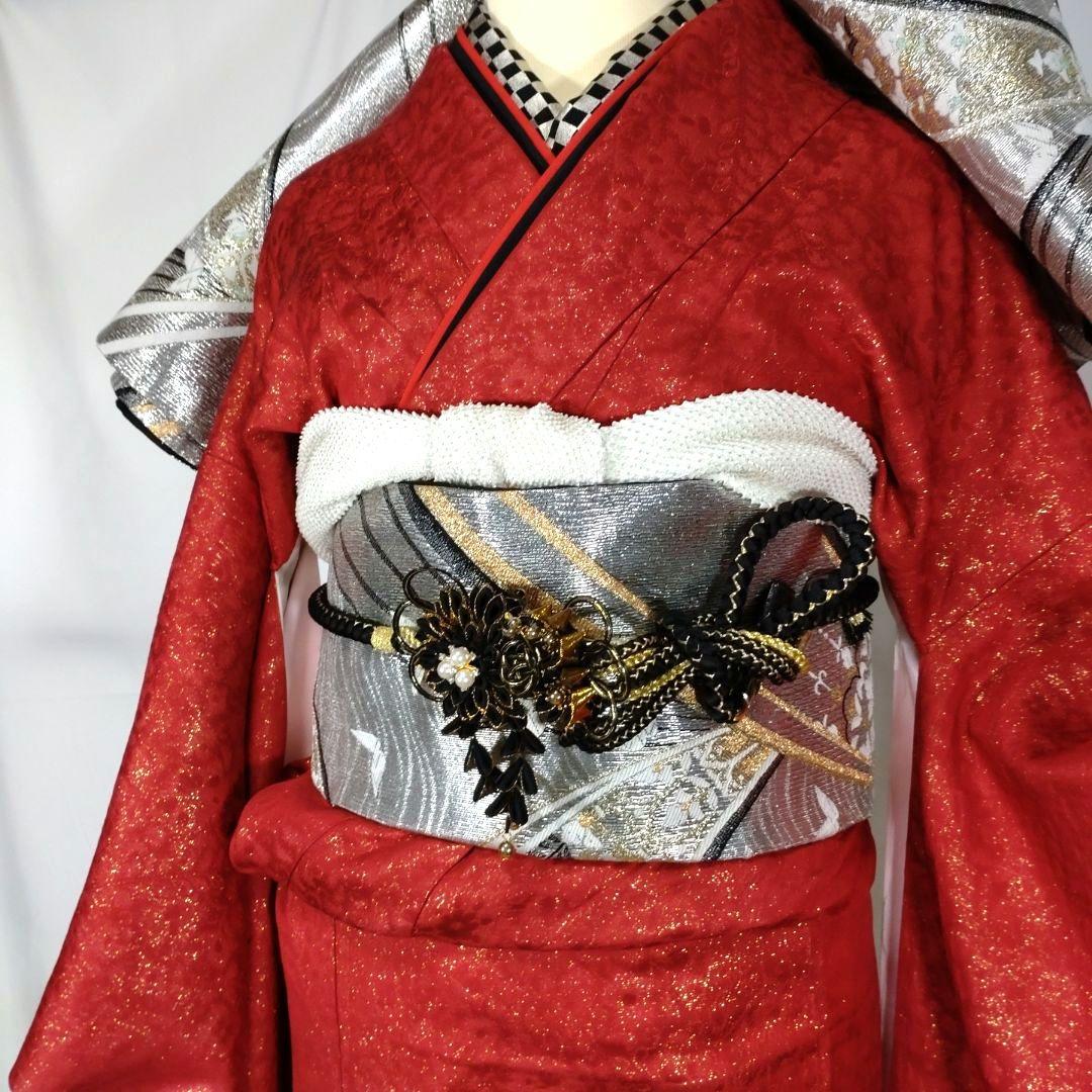 r　着物　振袖フルセット　振袖　金彩　駒刺繍　金ラメ　赤　成人式　卒業式