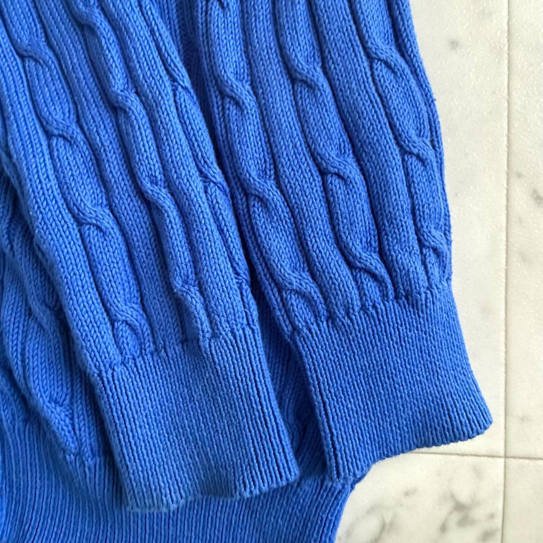 美品 ラルフローレン 刺繍ロゴ コットン ケーブルニットカーディガン◆ブルー