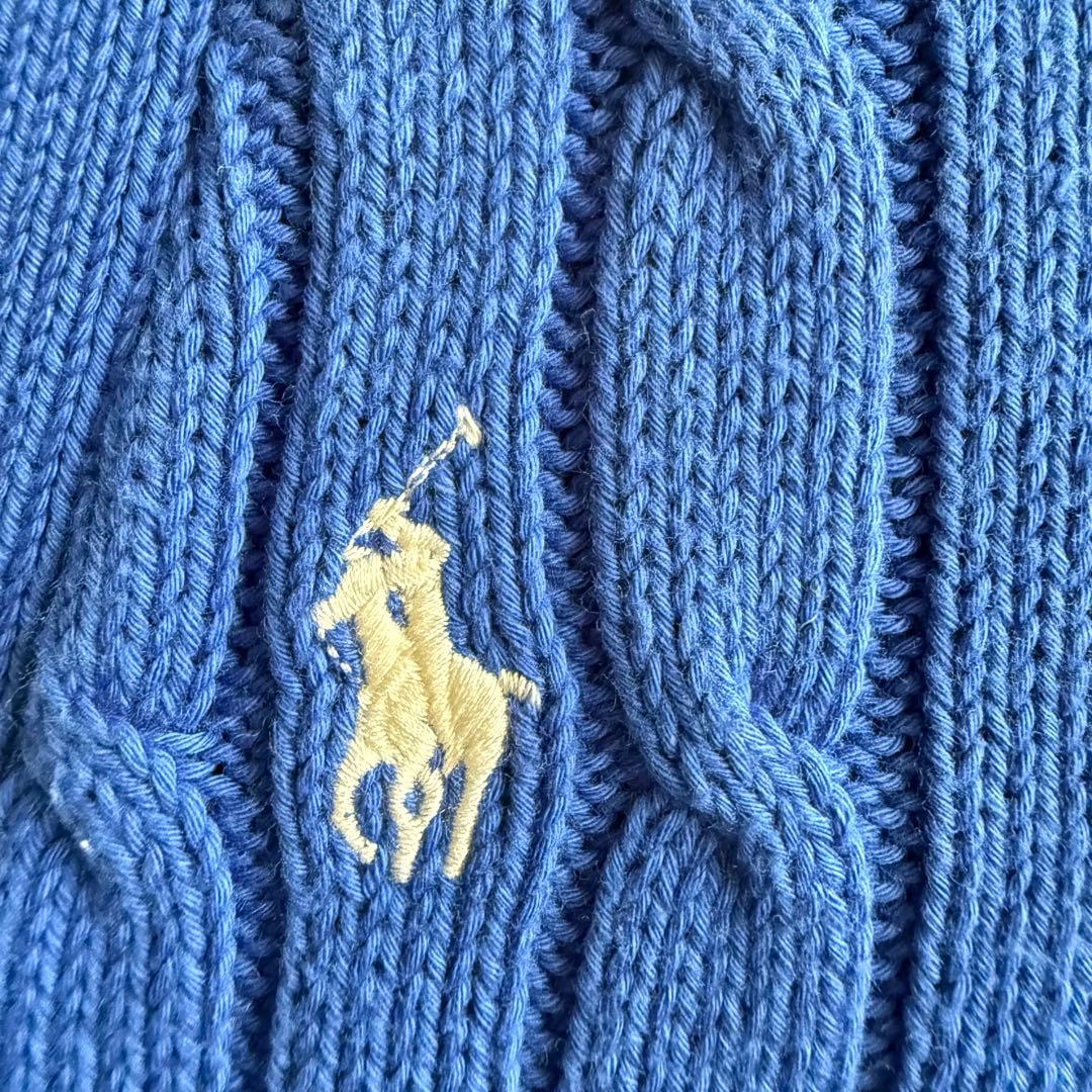 美品 ラルフローレン 刺繍ロゴ コットン ケーブルニットカーディガン◆ブルー