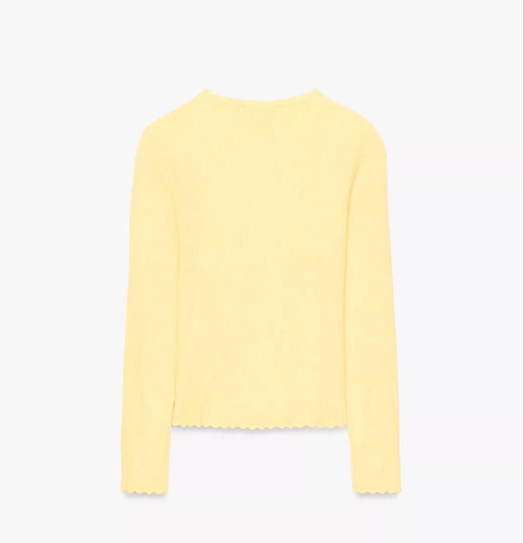 【ZARA】ザラ S リブニットカーディガン イエロー 黄色 スカラップ