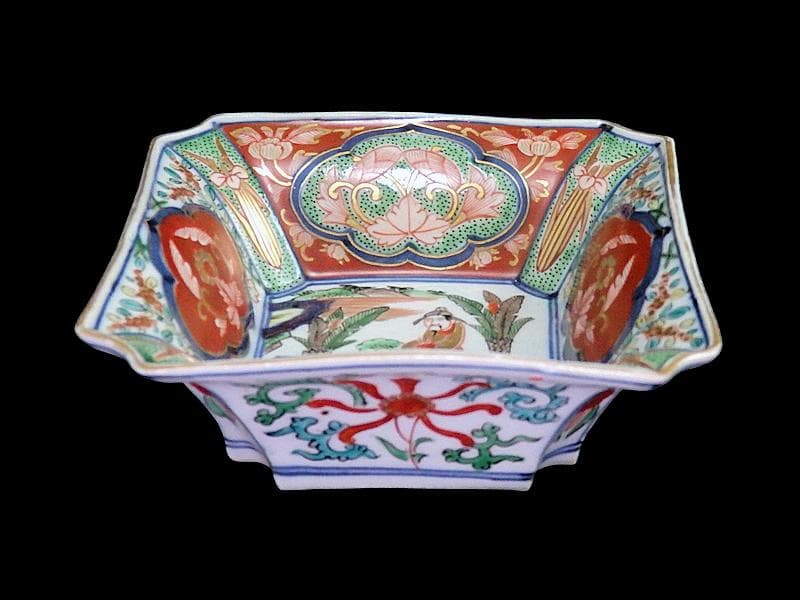大聖寺伊万里　金襴手　芭蕉葉に唐人の図　四方角向付　B346AS-fbsr