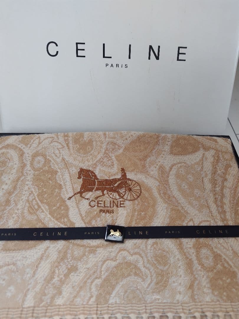 CELINE ペイズリー柄 ベージュ★ウールストールひざ掛け 75x125cm